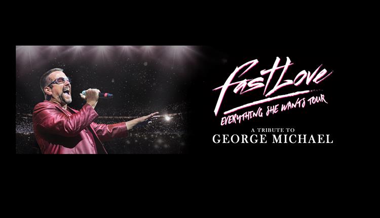Fast Love - A tribute to George Michael. George Michael singing into a mic on stage wearing a purple suit and sunglasses.