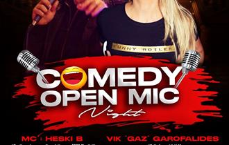 Comedy Open Mic Night poster with two performers and event details