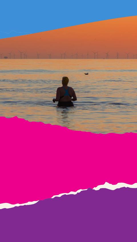 Photo of people swimming in BRighton sea at sunset taken by James Ratchford. There is a 'layer's frame overlaying the image.