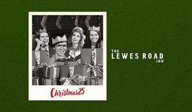 A black and white image of partygoers in festive hats next to the text The Lewes Road Inn.