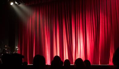 People sitting in a theatre in front of a red curtain