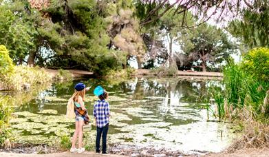 Two kids at the side of a lake in a garden