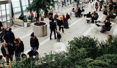 Green cafe space with people at Christmas