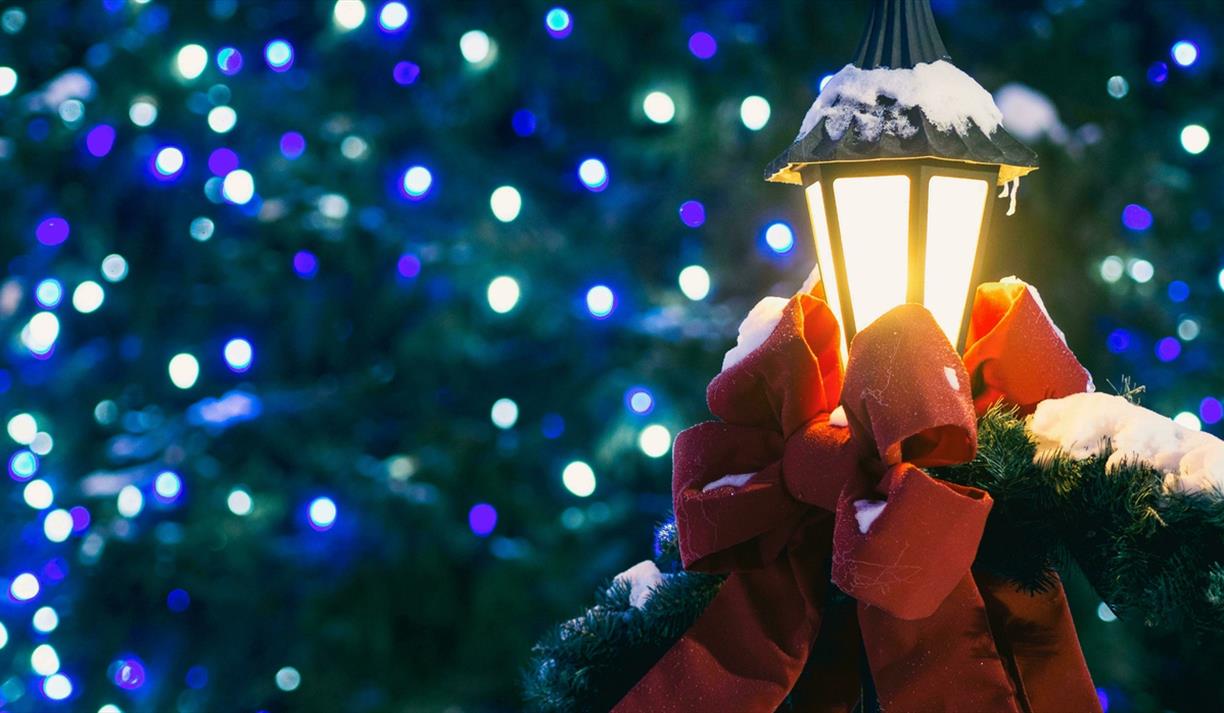 Outdoor lamp covered in snow and dressed with a red bow