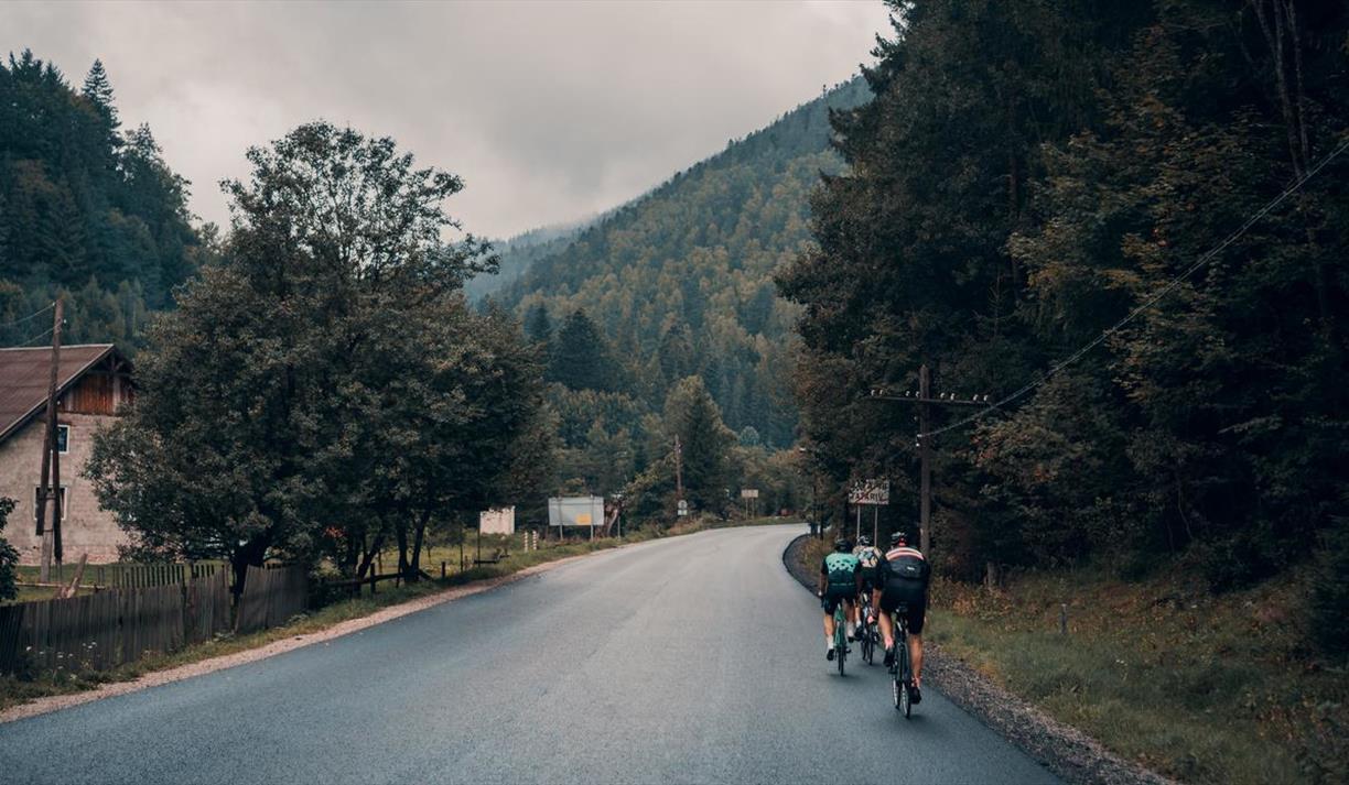 Group cycling up mountain
