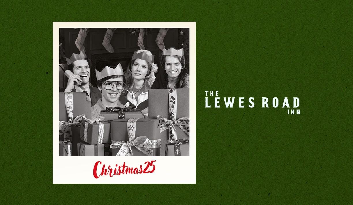 A black and white image of partygoers in festive hats next to the text The Lewes Road Inn.