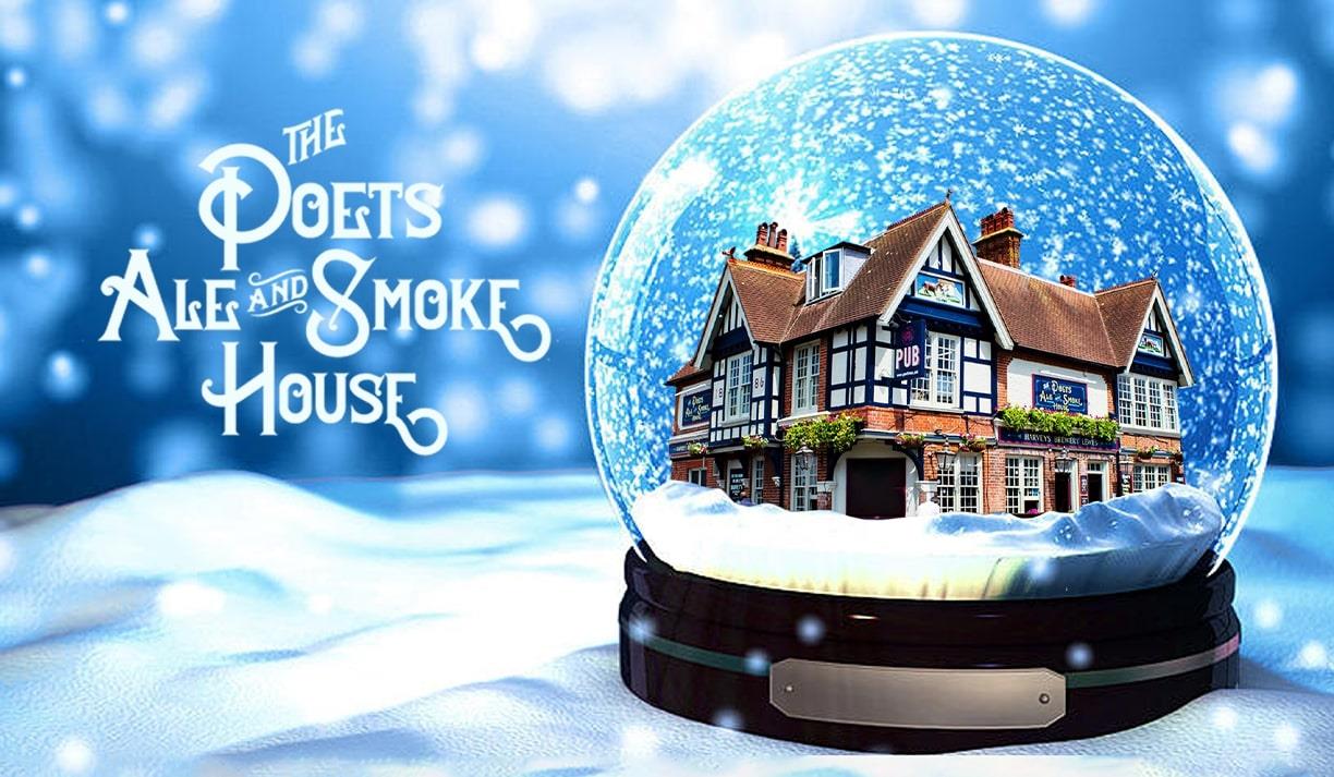 Image shows a Christmas bauble showing the Poets Ale & Smokehouse inside