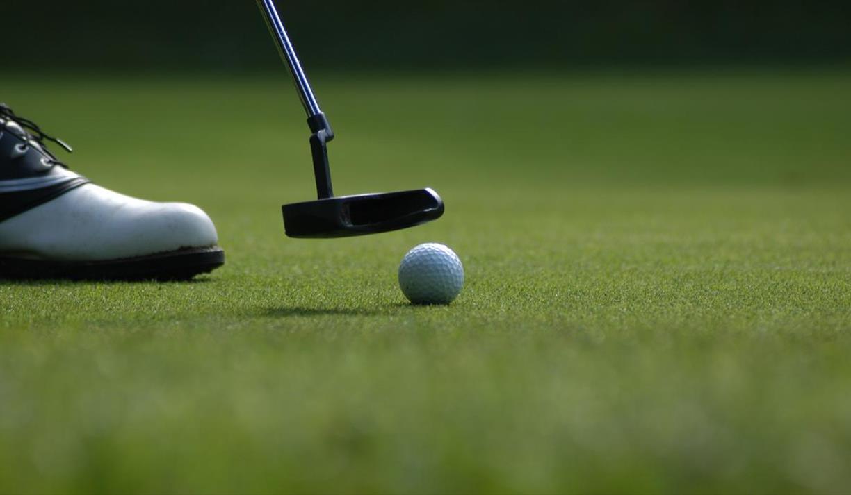 Golf ball and putter on green grass