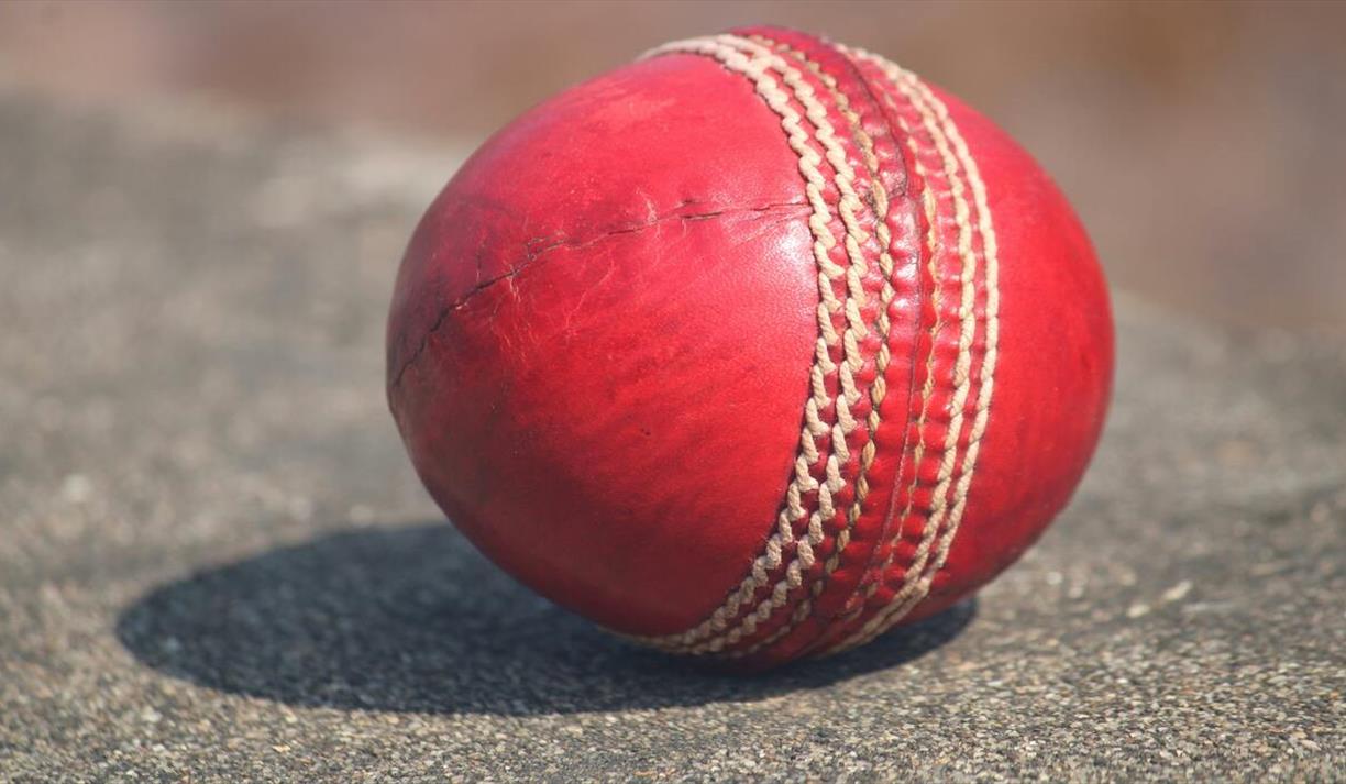 Detailed view of red cricket ball outdoors in sunlight