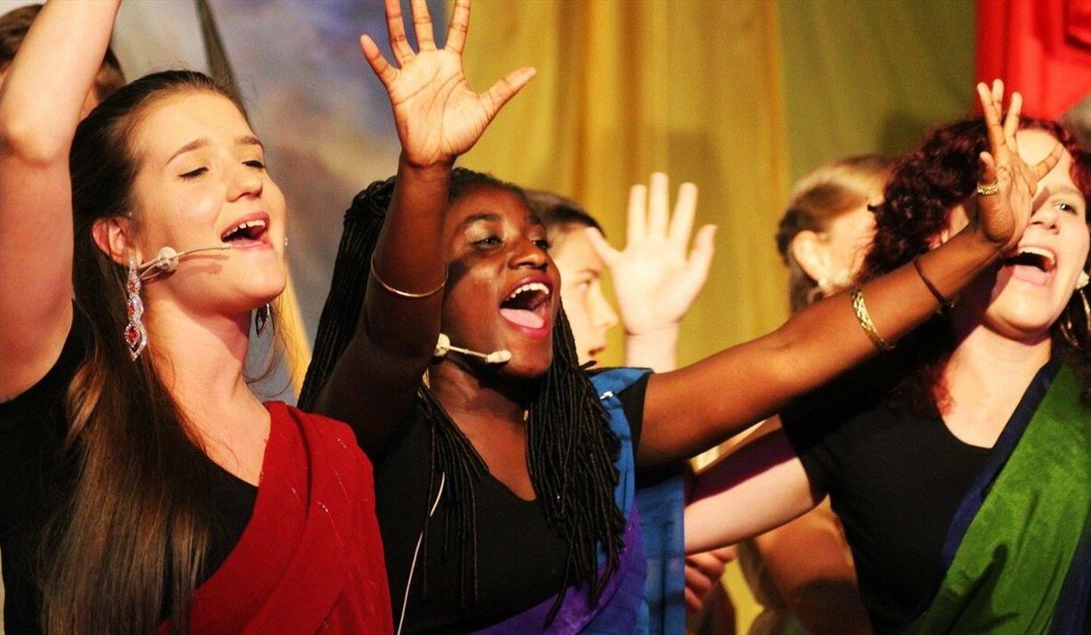 Women singing with hands in the air