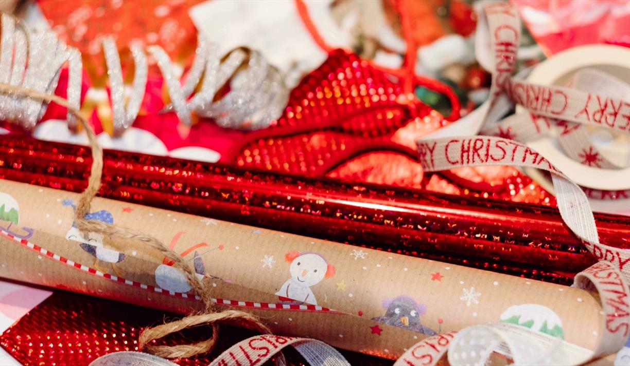 Red and white wrapping paper with ribbons