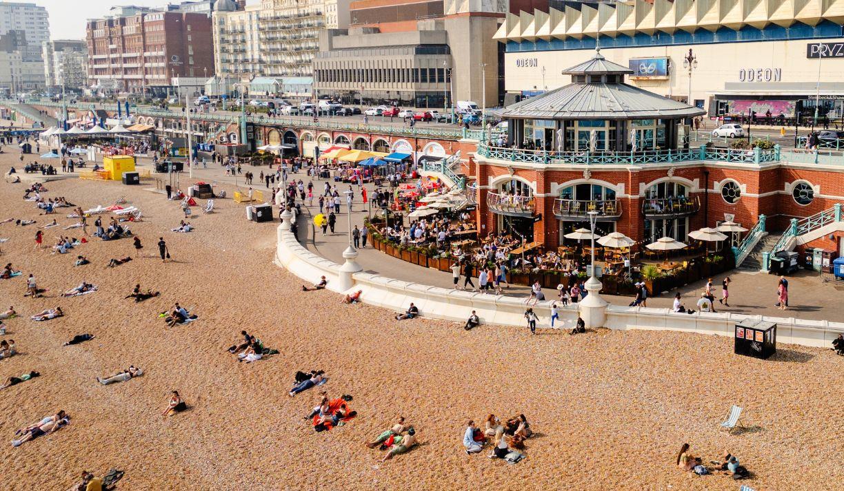 Aerial view of Shelter Hall, Brighton from the beach.