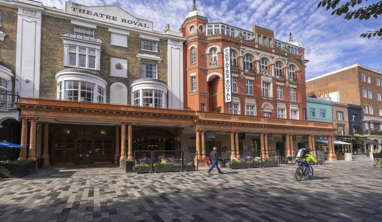 Image shows the outside of the Theatre Royal, Brighton from New Road .
