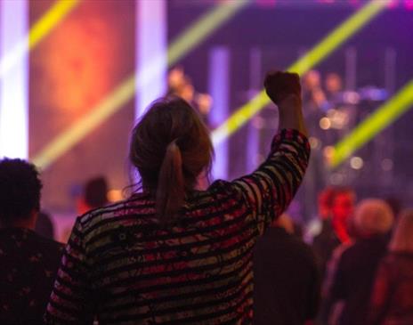 Woman watching a concert with right arm in the air