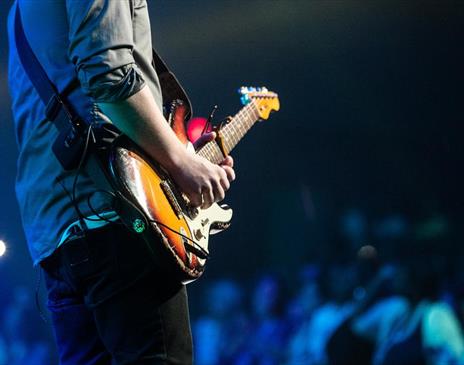 Guitarist playing to a large crowd