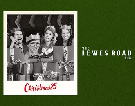A black and white image of partygoers in festive hats next to the text The Lewes Road Inn.