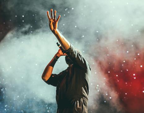 Person with hand raised and holding a microphone