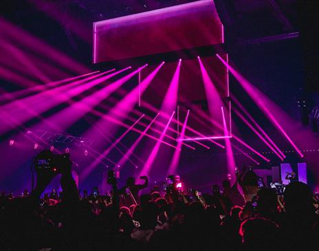 Purple strobe lights in active crowd