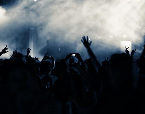 Grey and blue smoke over crowd at nightclub