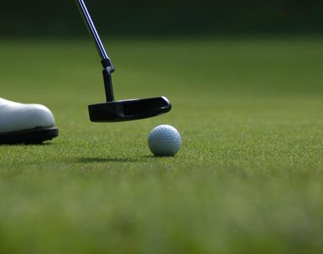 Golf ball and putter on green grass