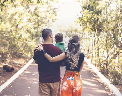 Young family walking in a light forest and carrying their toddler