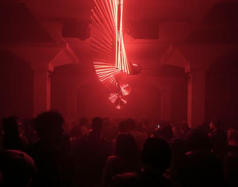 Twisting red neon strip lights in a dark room above a dancing crowd