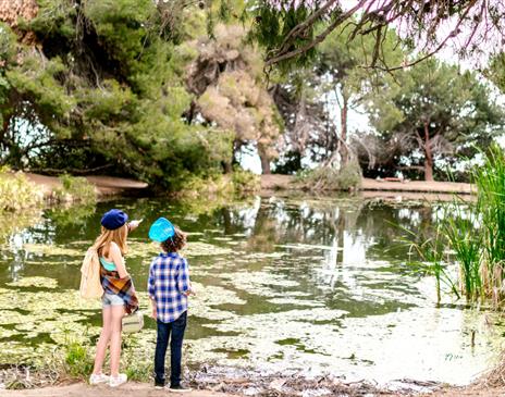 Two kids at the side of a lake in a garden