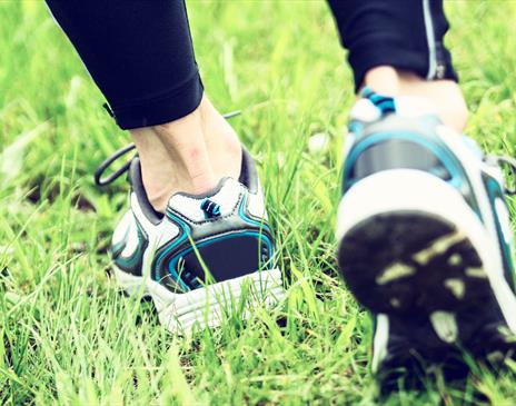 White, black and blue running shoes