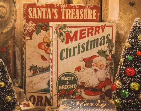 Books with Santa on the front and two tiny Christmas trees