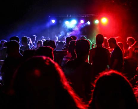 Crowd dancing in multicolour lights