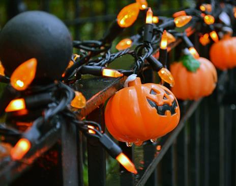 Black iron fence with orange pumpkin lights wrapped around