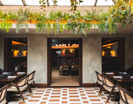 Bright, light seating area with foliage around the edge.