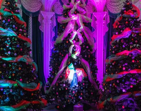 Three ornately decorated Christmas trees with presents