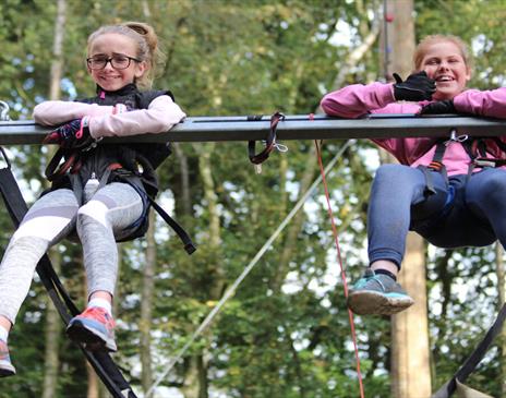 Two children seated side by side on a wire above the forest floor.