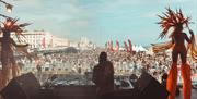 View of the crowd and performer taken from The Glorious Day Festival stage on Hove Lawns