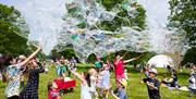 Children chasing soap bubbles