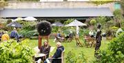 A garden with several tables, chairs and parasols. There is a souple of the foreground sat near a sculpture. Photo credit: Syl Ojalla