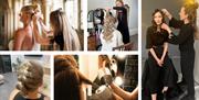 A montage of images of models being pampered and having their hair done.
