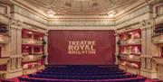 Credit: Morley von Sternberg Images hows the curtain down inside the auditorium, written on the curtain is Theatre Royal Brighton