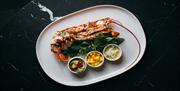 A plate of lobster with fresh mango salsa on a bed of greens.
