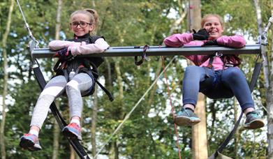 Two children seated side by side on a wire above the forest floor.