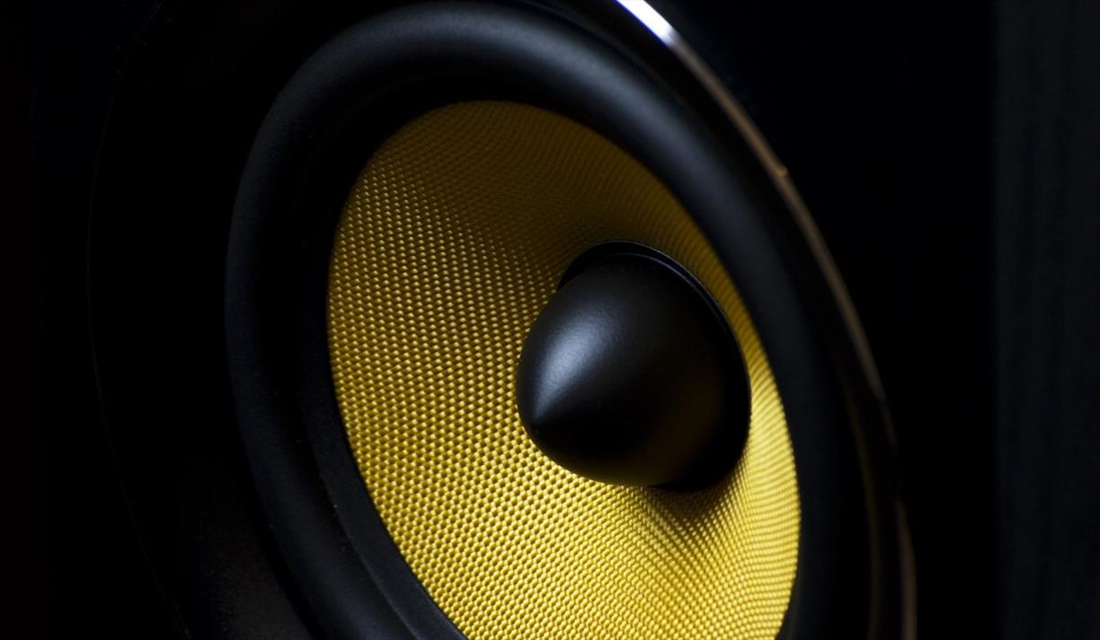 Zoomed in shot of a black speaker with bright yellow mesh