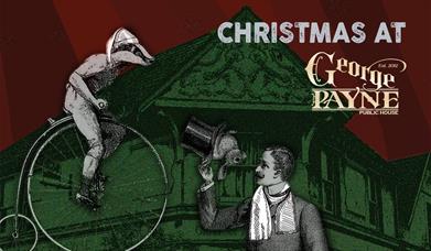 Image shows a badger in a nightcap on a penny farthing alongside the words Christmas at the George Payne