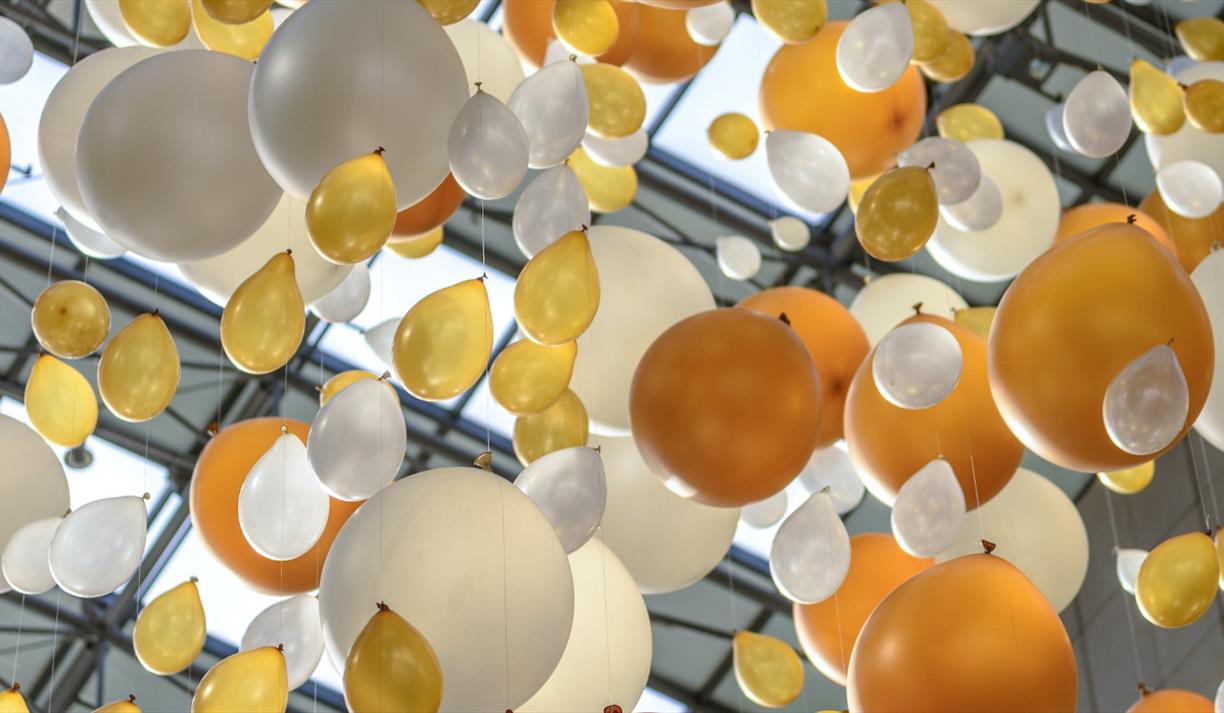 White and gold balloons tied to a string White and gold balloons tied to a string