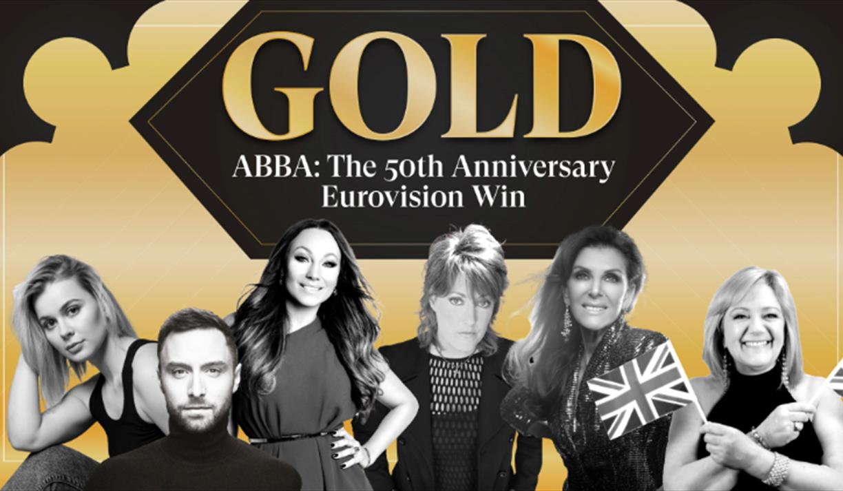 Image showing hosts of the GOLD night at Brighton Dome. Text reads GOLD ABBA: The 50th Anniversary Win
