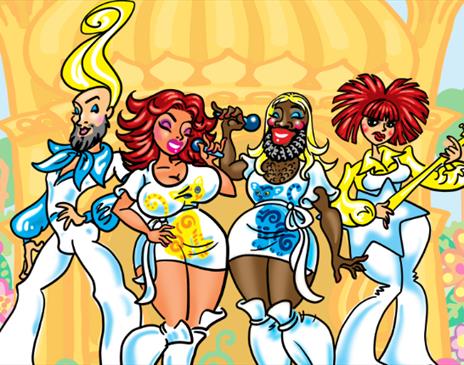 Cartoon showing Bugaloo Stu and Dynamite Sal dressed in ABBA outfits