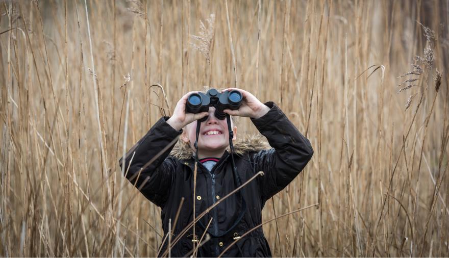 A young girl in a field looking through binoculars