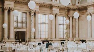 Bristol Harbour hotel wedding venue hall with white balloon centre pieces
