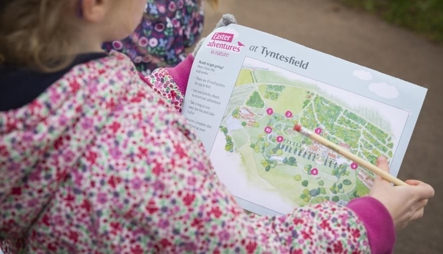 A girl in a pink floral coat looking at a map of Tyntesfield