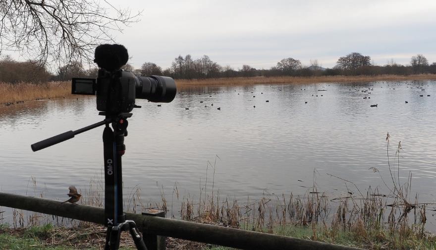 A camera on a tripod next to a lake